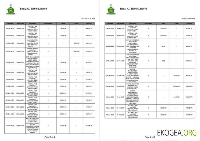 Modèle Word et PDF de relevé de compte de Pakistan Bank Al Habib, 4 pages, 3 4 pages